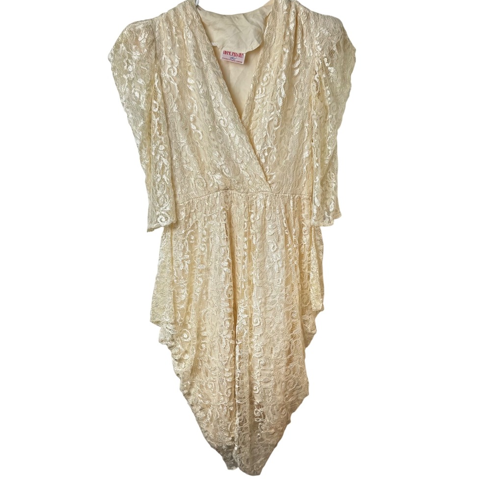Diamonds Run Dress‎ Women S Cream Lace Draped V-Neck Vintage 80s